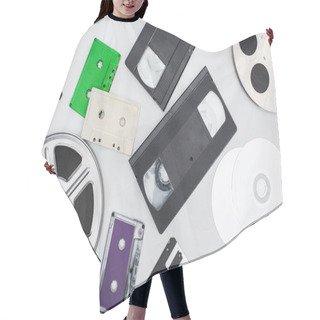Personality  Flat Lay Of VHS Cassettes, Diskettes, CD Discs, Film Reels And Colorful Cassettes On White Background Hair Cutting Cape