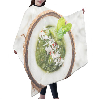 Personality  Top View Of Fresh Green Smoothie In Coconut Decorated With Mint  Hair Cutting Cape