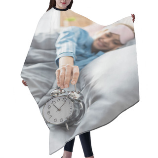 Personality  Happy Woman Taking Retro Alarm Clock While Lying On Bed In Morning  Hair Cutting Cape