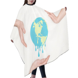 Personality  Cropped View Of Male And Female Hands Around Paper Cut Melting Globe On White Background, Global Warming Concept Hair Cutting Cape