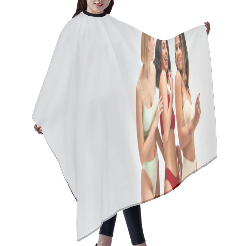 Personality  Laughing Multiethnic Women In Colorful And Trendy Lingerie Talking While Posing And Standing Isolated On Grey, Different Body Types And Self-acceptance Concept, Multicultural Models, Banner  Hair Cutting Cape