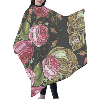 Personality  Embroidery Skull And Roses Flowers Seamless Pattern. Fashion Template For Clothes, Textiles, T-shirt Design. Gothic Romantic Human Skulls And Peonies Hair Cutting Cape