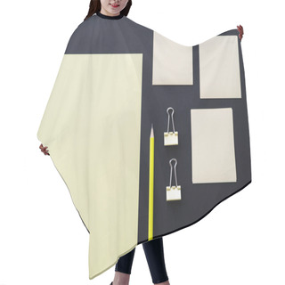 Personality  Top View Of Blank Paper Near Sticky Notes, Pencil And Fold Back Clips On Black Hair Cutting Cape