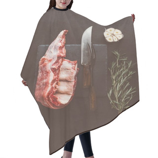 Personality  Top View Of Raw Pork Ribs On Stone Slate With Cutlery And Spices Hair Cutting Cape