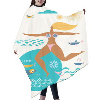 Personality  Swimming Young Woman, Holiday Concept Illustration  Hair Cutting Cape