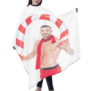 Personality  Happy Shirtless Muscular Man In Santa Shorts And Red Scarf With Striped Christmas Stick Isolated On White Background Hair Cutting Cape