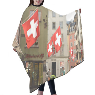 Personality  Swiss Flags On The Facade Building In Historic City Center Of Zurich, Switzerland. Hair Cutting Cape