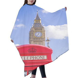 Personality  Classic Red British Telephone Box With The Big Ben At Background On A Sunny Afternoon With Blue Sky And Clouds - London, UK Hair Cutting Cape