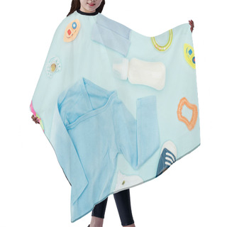 Personality  Top View Of Baby Clothes And Accessories With Milk Isolated On Blue Hair Cutting Cape