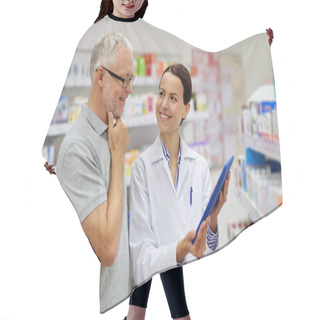 Personality  Pharmacist With Tablet Pc And Senior Man Hair Cutting Cape