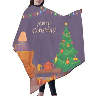 Personality  Christmas Room Interior In Colorful Cartoon Flat. Hair Cutting Cape