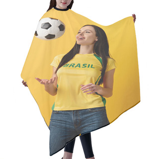 Personality  Cheerful Female Football Fan Throwing Up Ball On Yellow Hair Cutting Cape