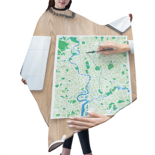 Personality  Cropped View Of Travel Agent Pointing With Pen At Map On Wooden Desk Hair Cutting Cape