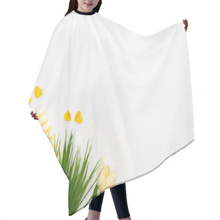 Personality  Top View Of Spring Tulips And Green Grass Near Yellow Cleaning Supplies On White Background Hair Cutting Cape