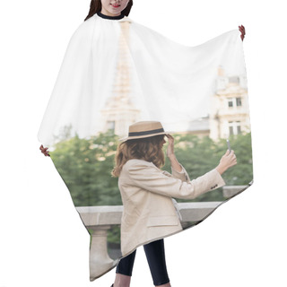 Personality  Side View Of Stylish Woman In Sun Hat Taking Selfie On Smartphone In Paris  Hair Cutting Cape