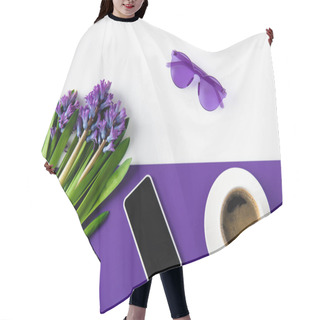 Personality  Top View Of Bouquet Of Purple Hyacinth Flowers And Smartphone On Table Hair Cutting Cape
