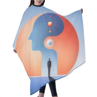 Personality  Grainy Digital Illustration Made With Geometric Vector Shapes Of Abstract Mindscape Within A Human Head, Symbolizing Mental Freedom, Spiritual Imagination, Visual Journey Into The Depths Of The Mind. Hair Cutting Cape