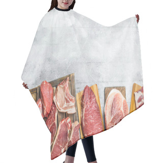 Personality  Raw Meat. The Various Meats Of Pork And Beef. On A Rustic Background. Hair Cutting Cape