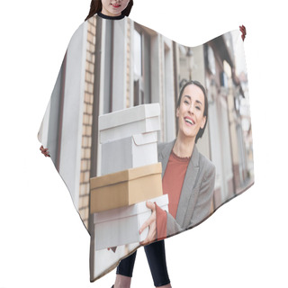 Personality  Laughing Attractive Woman Holding Shopping Boxes Hair Cutting Cape