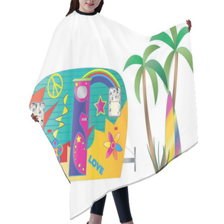 Personality  Hippie Camper With Palm Trees And Surfboards Alongside Of It.  Graphic Illustration Isolated On White Background. Hair Cutting Cape