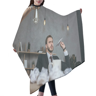 Personality  Young Businessman Throwing Paper Airplane Hair Cutting Cape