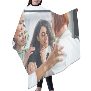 Personality  Happy Multiracial Woman Smiling With Closed Eyes Near Positive Multicultural Girlfriends And Redhead Motivation Coach In Consulting Room, Self-improvement And Mental Health Concept Hair Cutting Cape