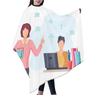 Personality  Female Teacher And Student Is Studing On Computer. Flat Cartoon Style Design Vector Illustration. Hair Cutting Cape