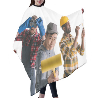 Personality  Group Of Multiethnic Construction Workers Hair Cutting Cape