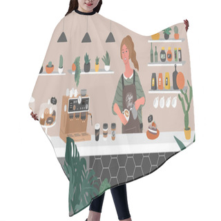 Personality  Coffee Shop Or Cafe Interior Design. Character Of Girl Barista Make Cappuccino Art And Happy Cafe Customer. Scandinavian Style Interior With Houseplants And Handwritten Quote Text. Cartoon Hair Cutting Cape