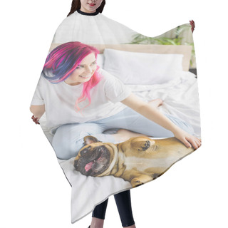 Personality  High Angle View Of Girl With Colorful Hair Petting Cute French Bulldog And Looking Away While Sitting In Bed Hair Cutting Cape