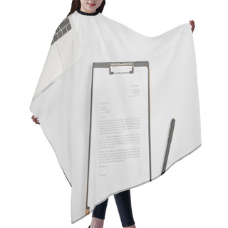 Personality  Top View Of Documet On Clipboard, Pen, Laptop On Table  Hair Cutting Cape