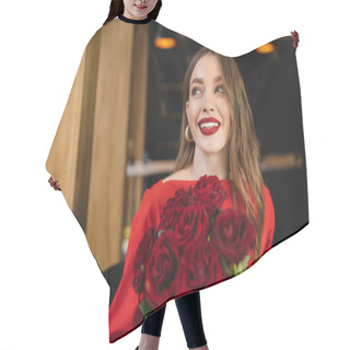 Personality  Joyful Young Woman Holding Red Roses And Smiling On Valentines Day Hair Cutting Cape