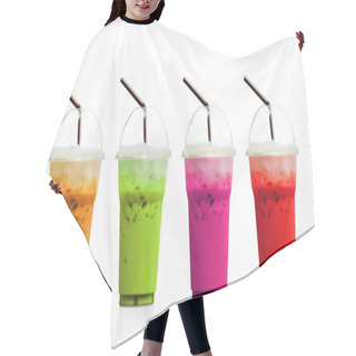 Personality  Ice Milk And Ice Tea With Straws In Plastic Cups Isolated On White Background. Hair Cutting Cape