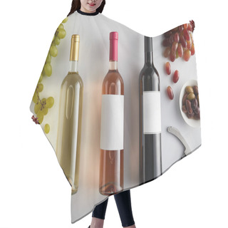 Personality  Top View Of Bottles With White, Rose And Red Wine Near Grape, Corkscrew, Olives And Sliced Prosciutto On Baguette On White Background Hair Cutting Cape