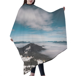Personality  Scenic View Of Snowy Mountains With Pine Trees And White Fluffy Clouds In Dark Sky In Evening Hair Cutting Cape