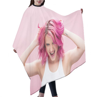 Personality  Excited Young Woman Touching Colorful Hair Isolated On Pink Hair Cutting Cape