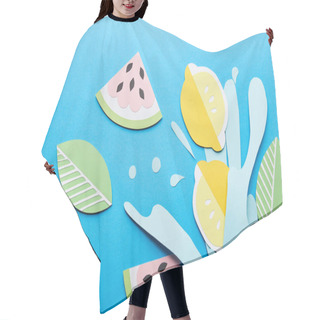 Personality  Top View Of Paper Cut Water Splash With Lemons, Leaves And Watermelons On Blue Background Hair Cutting Cape