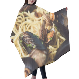 Personality  Close Up View Of Delicious Italian Pasta With Mollusks And Mussels Hair Cutting Cape