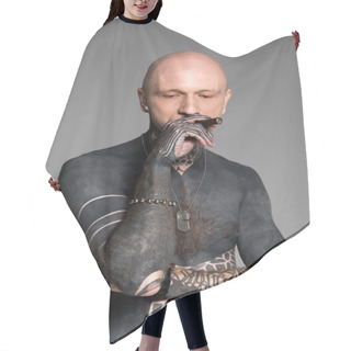 Personality  Bald Shirtless Man With Tattoos Smoking Cigar And Looking Down Isolated On Grey Hair Cutting Cape