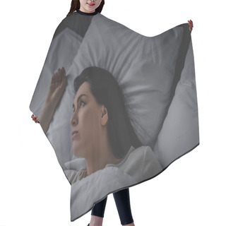 Personality  Displeased Woman Having Insomnia And Lying On Bed  Hair Cutting Cape