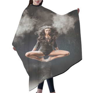 Personality  Beautiful Ballerina In Black Bodysuit Jumping On Dark Background With Talc Powder Around Hair Cutting Cape