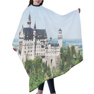 Personality  Fussen, Germany - June 29, 2019: Famous Neuschwanstein Castle Shrouded In Mist In The Bavarian Alps. Romanesque Revival Palace In Germany Hair Cutting Cape