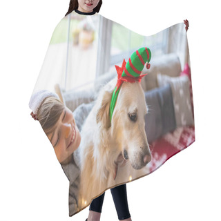 Personality  Boy And His Dog Enjoying Christmas Together At Home  Hair Cutting Cape