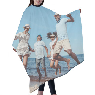 Personality  Young Happy African American Family Holding Hands And Jumping On Beach On Sunny Day Hair Cutting Cape