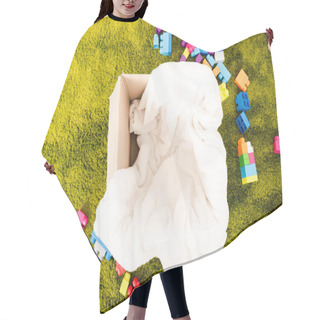 Personality  Top View Of Cardboard Box With White Blanket And Colorful Pieces Of Construction Hair Cutting Cape