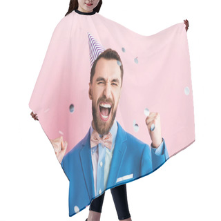 Personality  Excited Businessman In Party Cap Celebrating Triumph Near Falling Confetti On Pink  Hair Cutting Cape