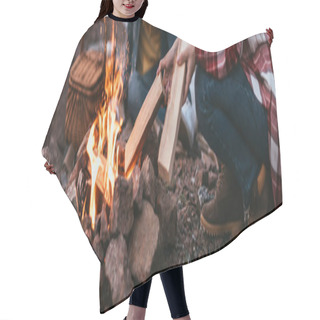 Personality  Panoramic Crop Of Woman Putting Log In Burning Bonfire Hair Cutting Cape