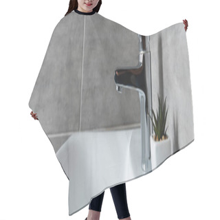 Personality  Panoramic Shot Of Plant On White Washbasin In Modern Restroom Hair Cutting Cape