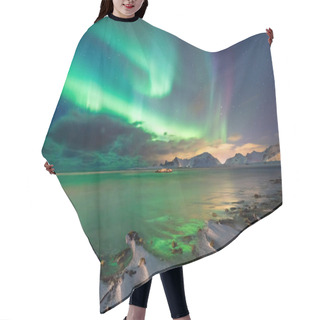 Personality  Real Magic Of Northern Lights - Norwegian Fjord With Snow And Mountains, Color Reflections On Sea Waves. Winter Landscape, Northern Nature Hair Cutting Cape