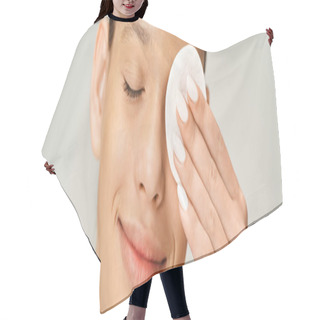 Personality  A Stylish, Vibrant Teenage Girl Holds Cotton Pad To Her Face With Curiosity And Wonder. Hair Cutting Cape